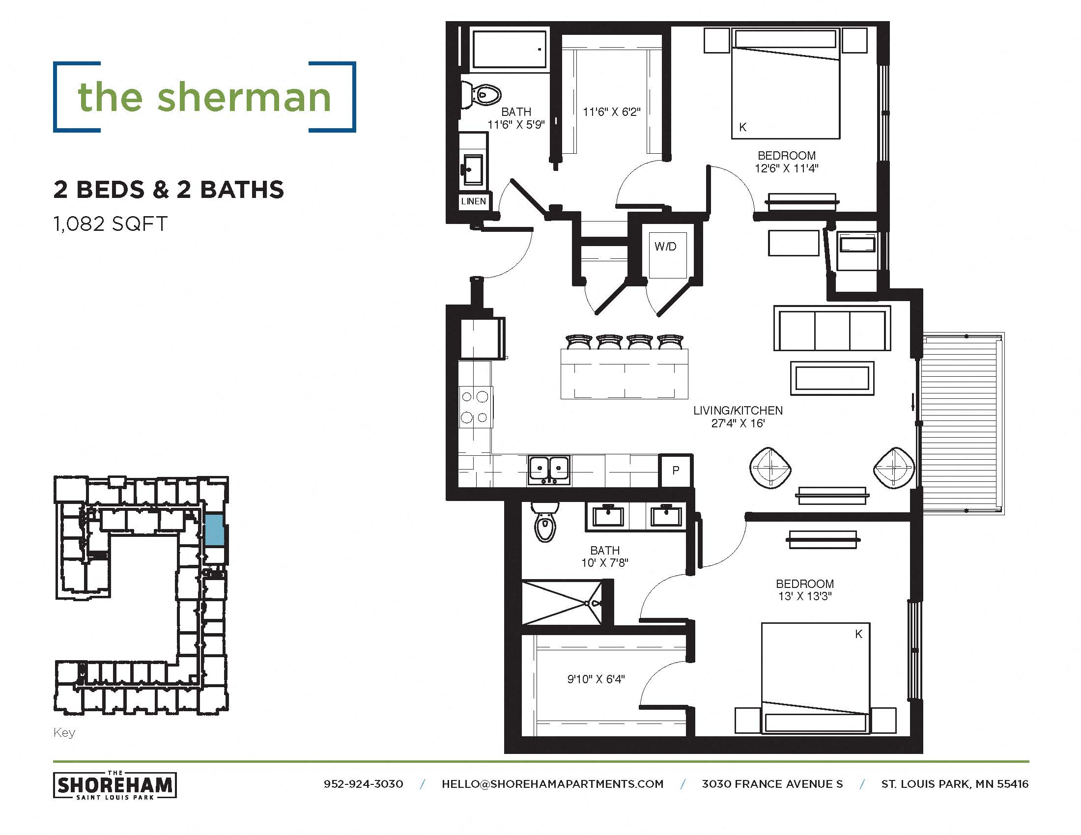 Floor plan for 2 beds, 2 baths, 1082 sqft
